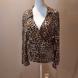 Talbots Cheetah Animal Print Wrap Blouse Size Large